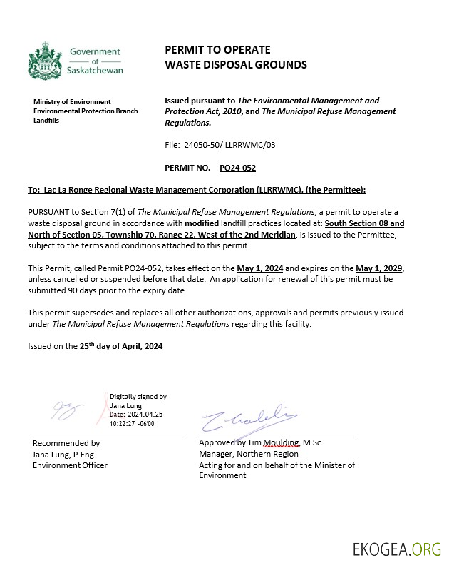 Canada Saskatchewan Permis d'exploitation d'un terrain d'élimination des déchets